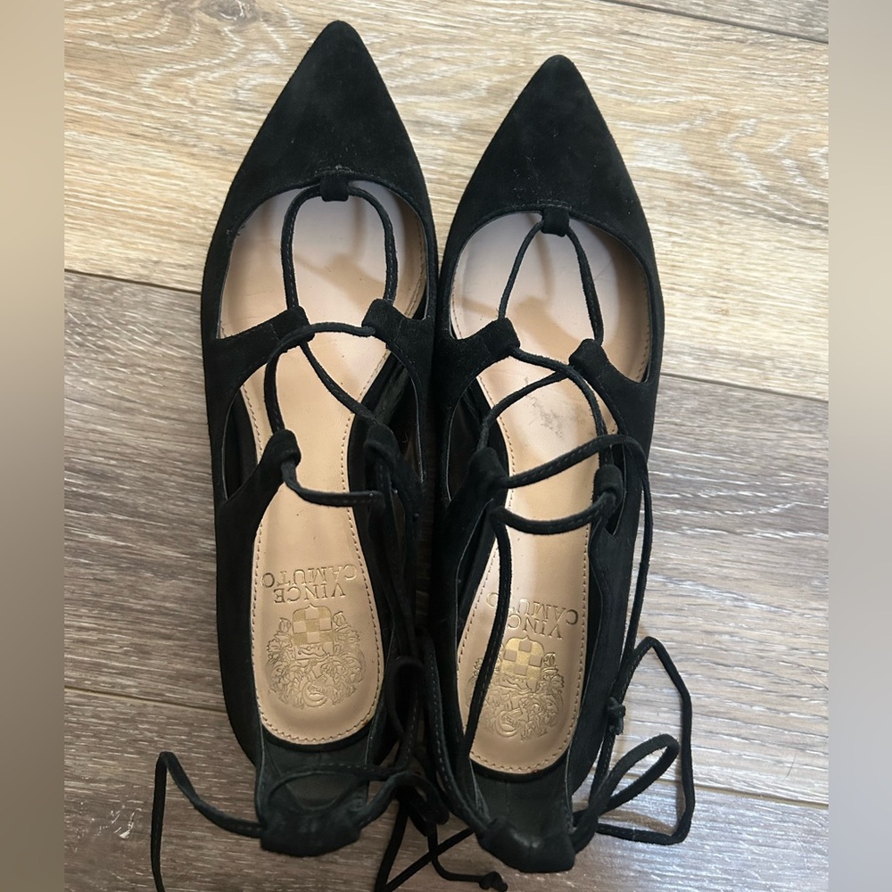 Vince Camuto Emmari Black True Suede 7.5 lace up ballet flat